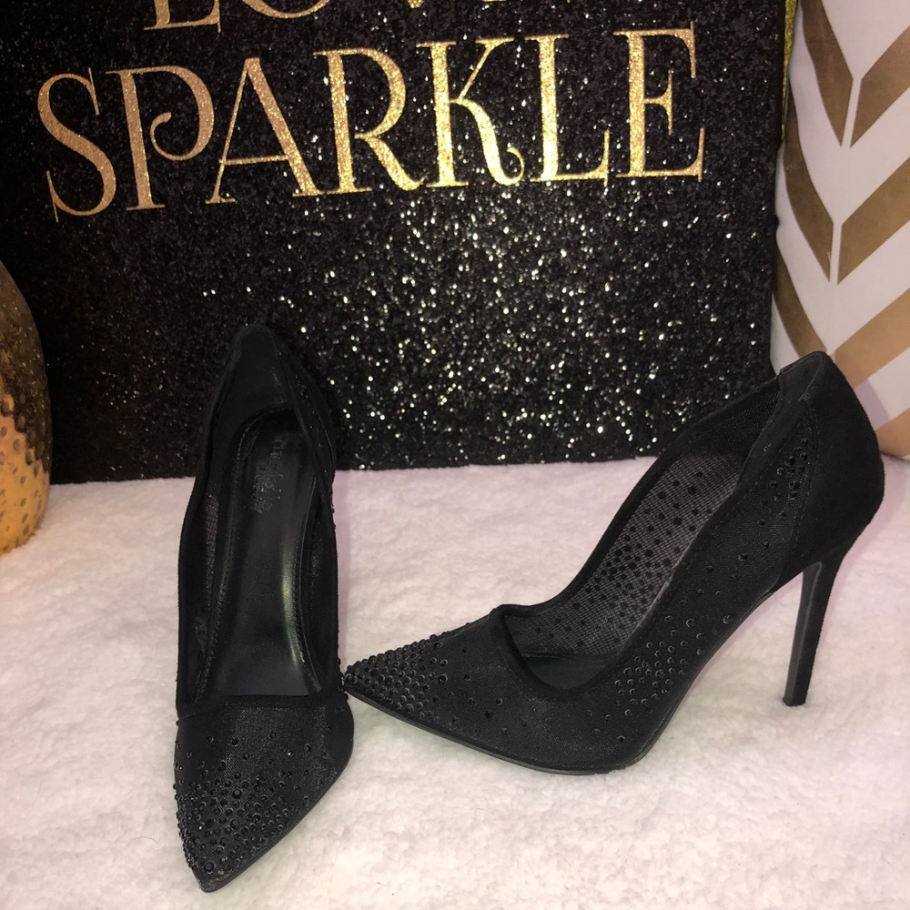 Black mesh stiletto pumps